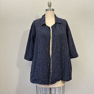 ESBY 3/4-Sleeve Striped Lightweight Double Breasted Overshirt in Navy